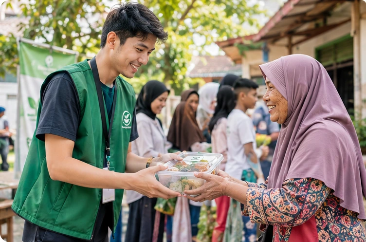Relawan menyerahkan paket makanan secara bermartabat kepada warga lansia dalam antrean luar ruangan yang teratur