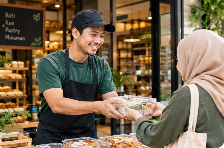 Pemilik usaha bakery menyerahkan paket makanan surplus segar kepada relawan mitra penyalur