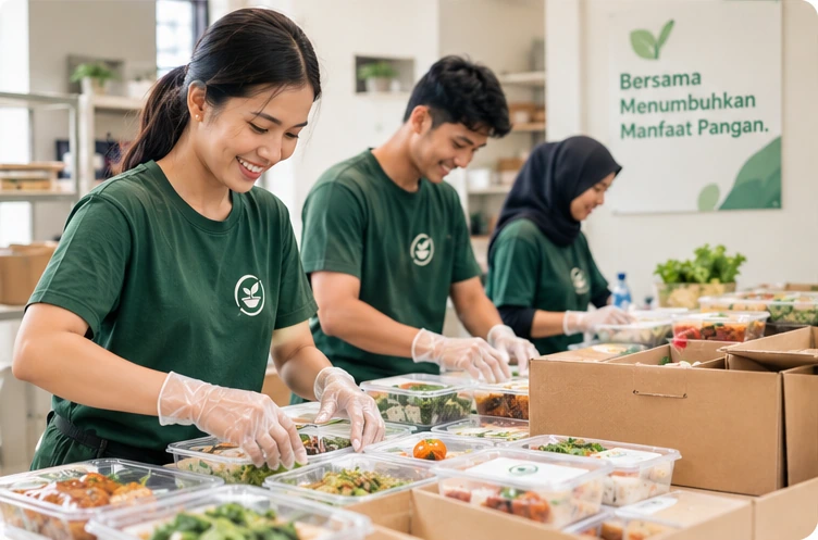 Relawan komunitas menyiapkan dan mengemas paket makanan sehat di bawah poster Bersama Menumbuhkan Manfaat Pangan